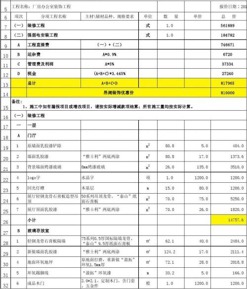 深圳廠房裝修報價表